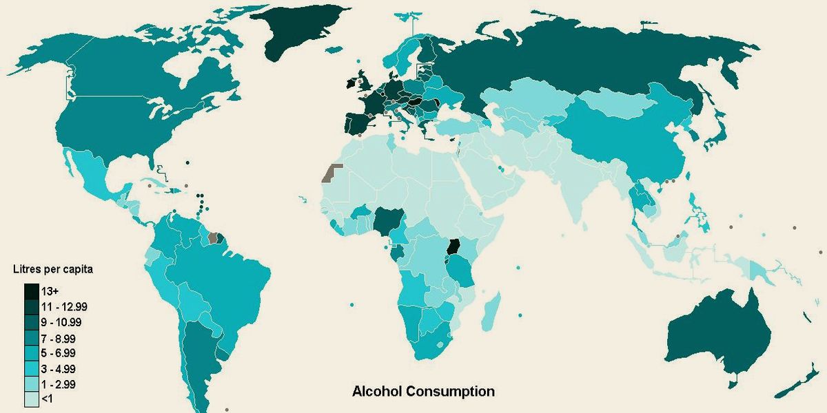 Потребление алкоголя в разных странах мира по данным за 2008 год