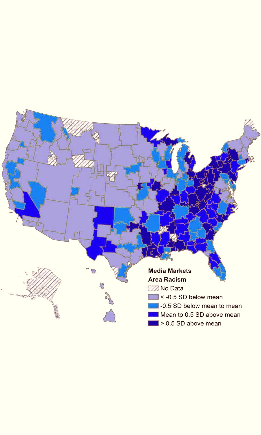 Карта, отражающая степень расовой нетерпимости в США