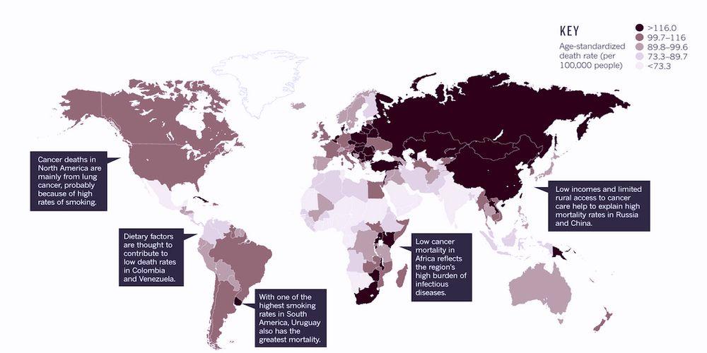 Смертность от онкологических заболеваний в мире (данные за 2012 год)